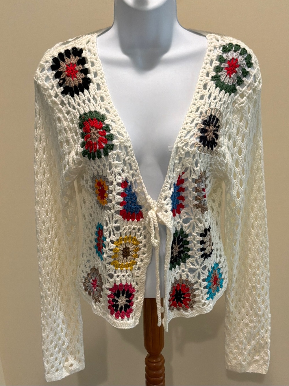 Debut Crochet Openwork Cream Cardigan with Multicolor Floral Motifs size L